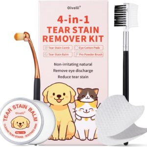 Tränenfleckentferner Kit für Hund & Katze mit Tränenfleckenbalsam, Tränenfleckenkamm, Pro Puderbürste, Augenpads, Sanfte Augenpflege – Reiniger zur Entfernung von Tränenflecken, Augenschmutz, Ausfluss
