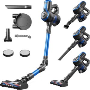 QEXREED Akku Staubsauger für Haustiere, Kabelloser Staubsauger mit 180° Falzbaren Stab, 2 Modi, 38 Minuten Arbeitszeit, 99,9% Partikelfiltration, Blue and Black