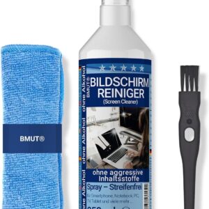 250ml Bildschirmreiniger Spray Set | XXL Mikrofasertuch | Pinsel | gegen Fettflecken & Fingerabdrücke | für alle Displays, Tablets, Handys & Monitore