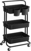 SONGMICS Rollwagen, 3 Ebenen, Servierwagen, Küchenwagen mit Griff, 2 kleine Einhängefächer, 2 Bremsen, Ablagefächer aus Kunststoff, einfacher Aufbau, Schlafzimmer, Waschküche, schwarz BSC067B01