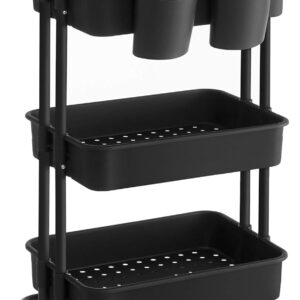 SONGMICS Rollwagen, 3 Ebenen, Servierwagen, Küchenwagen mit Griff, 2 kleine Einhängefächer, 2 Bremsen, Ablagefächer aus Kunststoff, einfacher Aufbau, Schlafzimmer, Waschküche, schwarz BSC067B01