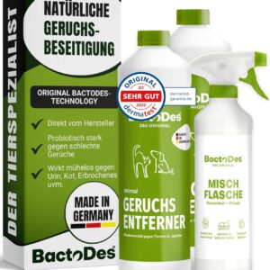 BactoDes – Animal Geruchsneutralisierer 2L Konzentrat mit Spray-Mischflasche – Starker Enzymreiniger Katzenurin, Hundeurin & Tiergerüche – Effektiver Geruchsentferner mit Bio Mikroben-Wirkung