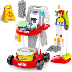 deAO Kinder Putzwagen ab 2 3 4 Jahre mit Wischmop, Eimer, Besen, Staubsauger, Bürsten, Kehrschaufel, Handfeger, Reinigungswagen Set, Rollenspiel Haushaltsspielzeug, Cleaning Toy (Red)