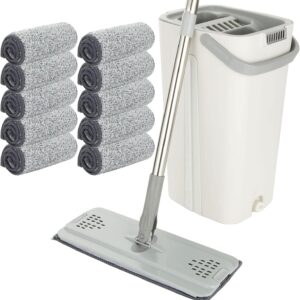 ASelected Wischmopp Set mit Eimer, Bodenwischer Set, Putzeimer mit Wischmop mit 10 Wiederverwendbaren Mikrofaser-Mopp-Pads und 123 cm Langem Griff für Fliesen, Marmor, Hartholz