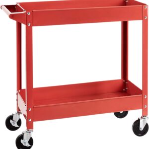 Amazon Basics – Multifunktionaler Materialwagen mit Stahlwanne, 2 Regalböden, mit 181 kg Traglast,Gummi, rot