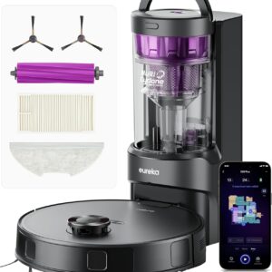 EUREKA E20 Plus Saug- & Wischroboter + beutelloser Multi-Zyklon Absaugstation (Duo-KI-3D-Hindernisvermeidung & Night Vison, 8000Pa, bis zu 300m2, Anti-Haarverhedderung, App- & Sprachsteuerung) schwarz