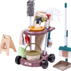 Baroni Toys Putzwagen Spielzeug mit 14-teiligem Putz-Zubehör, Kinderbesen, Seife und anderes Zubehör für Kinder, Hausputzset Kinder 3 bis 7 Jahre