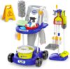 deAO Kinder Putzwagen ab 2 3 Jahre mit Wischmop, Eimer, Besen, Staubsauger, Bürsten, Kehrschaufel, Handfeger, Reinigungswagen Set, Rollenspiel Haushaltsspielzeug, Cleaning Toy (Blau)
