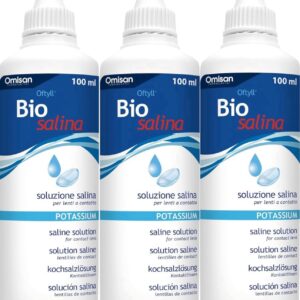 Oftyll Biosalina – Spülung und Befeuchtung von Kontaktlinsen. Kochsalzlösung mit Kalium – Tripack 3 x 100 ml