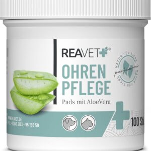 ReaVET Ohrenreiniger Hund & Katze 100 Stück – Ohrenpflege Pads Hund I Pflegeprodukt für Ohren, Reinigungstücher Hund, Besonders Milde & Schonende Reinigung mit Aloe Vera für Hunde und Katzen