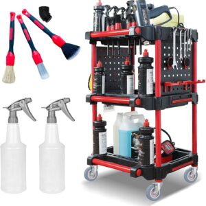 Rollwagen/Montagewagen/Putzwagen 57x50x92cm Metall Werkzeugwagen Transportwagen mit Seitlichen Aufhängeplatten, Haken, Sprühflaschen und Detaillierungsbürsten, Transporter mit Rollen Tragkraft 200kg