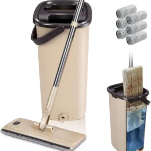 Wischmopp Set mit Eimer, Masthome Bodenwischer Set mit Einstellbar Edelstahlgriff, Putzeimer mit Wischmop mit 6 Mikrofaser Wischpads, Putzset mit Bodenwischer für Alle Bodentypen Bodenreinigung