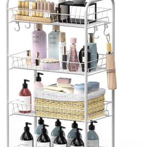 Mythinglogic Rollwagen 4 Ebenen, Metall Aufbewahrungswagen auf Rollen, Servierwagen Küchenwagen Organizer Wagen mit Haken für Badezimmer, Schlafzimmer, Waschküche,Wohnzimmer (weiß)