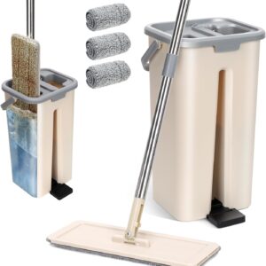 Masthome Wischmopp Set mit Eimer, 2 in 1 Bodenwischer Set mit 3 Mikrofaser Wischpads, Putzeimer mit Wischmopp, Wischer Boden für Laminat Hartholz Fliesen & Hartböden (Beige + Grau)