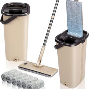 Masthome Wischmopp Set mit Eimer,Bodenwischer Set mit Eimer, 138cm Wischmopp mit Auswringfunktion, 6 Wischpads,Mikrofaser Flacher Mopp aus Einstellbar Edelstahlgriff für Alle Bodentypen Bodenreinigung