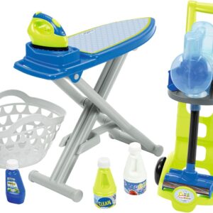 Ecoiffier – 3in1 Putzset – Haushaltsspielzeug-Set, Bügelbrett, Bügeleisen, Putzwagen, Staubsauger, Wäschekorb, für Kinder ab 18 Monaten