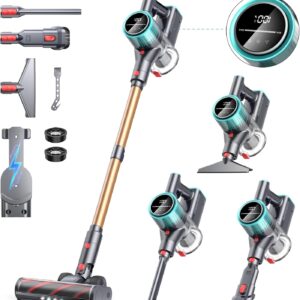 Powerffy 550W/45000Pa/60Min Akku Staubsauger, Staubsauger Kabellos mit LED Display und Ladestation, Selbststehender Akkusauger, Stabstaubsauger mit Anti-Tangle-Bürste für Teppich/Hartboden/Tierhaar