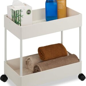 Relaxdays Rollwagen, 2 Etagen, Servierwagen, Küchenwagen, Bad & Büro, Rollregal, HBT: 38×39,5×21,5 cm, Bastelwagen, weiß