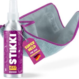 STIKKI Pixel Shine Professioneller Bildschirmreiniger inkl. 2-in-1 Microfasertuch für Reinigung & Politur (150ml) – entwickelt für Laptop, Smartphone, TV, Display, Brillen & Gläser