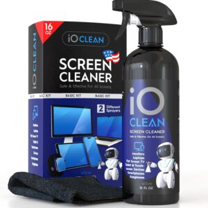 iO Clean Bildschirmreiniger Spray (16oz – 473ml) – Bestes großes Reinigungsset für LCD-LED-OLED-Fernseher, Smartphone, iPad, Laptop, Touchscreen, Computermonitor, andere Geräte – Mikrofasertüche