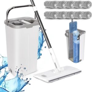 MASTERTOP Wischmopp Set mit Eimer, Flach Bodenwischer mit 140cm Verstellbarer Griff und 10 Mikrofaser Wischpads, 2 in 1 Putzeimer and Wischmopp Set, Wischer mit Auswringfunktion für All Boden-Weiß