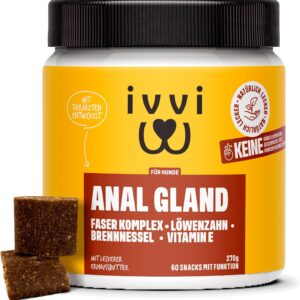 ivvi Anal Gland – Snacks zur Unterstützung der Analdrüsen bei Hunden. Enthält Kürbisfleisch, Flohsamenschalen, Leinsamen, Löwenzahn, Brennessel und Präbiotika. 60 Snacks (270g) mit Erdnussbutter