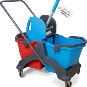 G.I.V. – Reinigungstechnik Putzwagen mit Wischmopp Presse – Doppelfahreimer mit 2X 18L Eimern rot/blau für Gebäudereinigung – Putzeimer – Reinigungswagen für Industrie Gewerbe & Haushalt