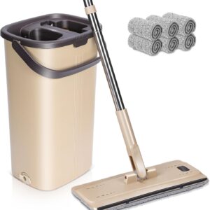 MASTERTOP Wischmopp Set mit Eimer, 138cm Flachmopp mit Edelstahlgriff und 6 Mikrofaser Moppkopf, Hand-Frei Bodenwischer mit Auswringfunktion für Hartholz Laminat Fliesen(Beige)