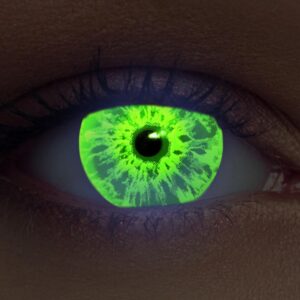 DESIGNLENSES, Leuchtende Halloween The Purge Kostüm Kontaktlinsen grün, 1 Paar (2 Stück),weiche UV Neon Farblinsen „Sparkle“