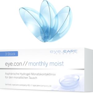 Eye.Con Monthly Moist weiche Monatslinsen – 3 Hydrogel Kontaktlinsen mit Stärke für empfindliche Augen. Contact Lenses mit 55% Wassergehalt BC 8.6mm, DIA 14.3mm (-4.50, 8.6, Millimeter, -4.50)