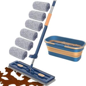 Großer Flacher Mop und Eimer Set, Selbstauswringender Flachmopp für Nass- und Trockengebrauch mit Schaber, 360° Drehbarer Reinigungsmopp, Verstellbarer Langer Griff aus Edelstahl,Blau