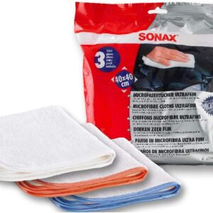 SONAX MicrofaserTuch ultrafein (3 Stück) entfernen sanft und sicher Rückstände von Polituren oder Lackversiegelungen ohne die Oberfläche zu verkratzen | Art-Nr. 04507000
