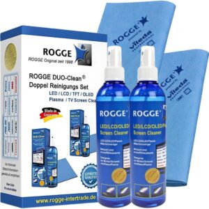 ROGGE Duo-Clean Original DoppelSet, 2X 250ml Bildschirmreiniger für LCD – TFT – LED – TV – Touch Displays + OLED – QLED + 2X ROGGE + Vileda Prof. Microfasertücher 38x40cm.