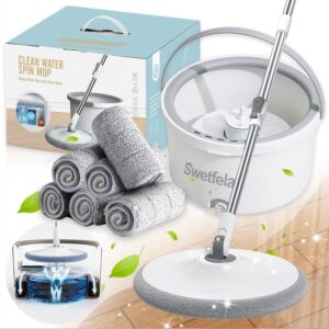 Swetfela Wischmopp Set mit Eimer, Bodenwischer für Alle Bodentypen, 360° Rotations Filtration Wischmopp Set mit 6 Mikrofaser Pads, 2 In 1 Putzeimer mit Wischmop