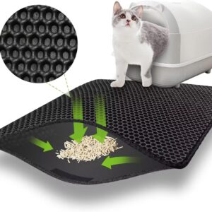 Katzenklo Matte 60×45 CM mit Klettverschluss und Großes Loch Design, Katzenstreu Matte Doppelte Wasserdichte und Rutschfeste, Katzenmatte Katzenklo Ungiftiges Material, Cat Litter Mat Schwarz