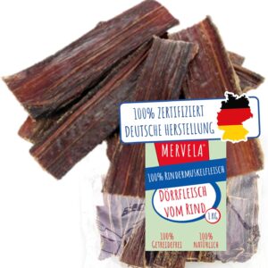 MERVELA® Dörrfleisch für Hunde 1kg | Rinderdörrfleisch | Trockenfleisch | gesunder Hundesnack aus Deutscher Herstellung | 100% Rindfleisch und natürlicher Kausnack