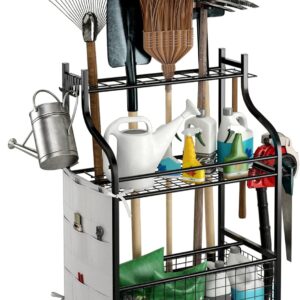 COSTWAY Gartengerätehalter mit Rädern, Gerätehalter mit Haken & Tasche, Geräteständer Werkzeug Rollwagen, Gartengeräte Organizer, Besenhalter Garten, Werkzeugständer Garage, Schwarz