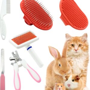 Crafterlife Kaninchen-Fellpflege-Set mit Haustierausfall Zupfbürste Nagelknipser Haustiermassage Badhandschuh Flohkamm für Hasen Welpen Kätzchen Meerschweinchen Frettchen kleine Tiere (rot, rosa)