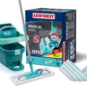 Leifheit Set Wischtuchpresse Profi XL mit Bodenwischer und Rollen inkl. Ersatzbezug Profi micro duo aus Mikrofaser, saugfähig und reinigungsstark, Set zum Putzen ohne Bücken mit Click-System