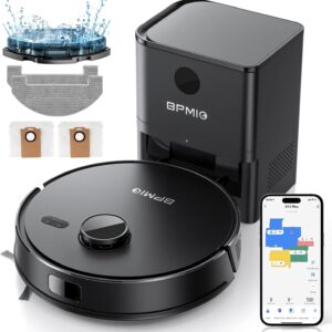 BPMIO Saugroboter mit Absaugstation 3-1, 5000Pa Staubsauger Roboter mit Wischfunktion, 55 dB Roboterstaubsauger mit WiFi/App/Alexa, 150 Min Laufzeit, APP Steuerung, 30 No-Go Zonen (B15 Plus)