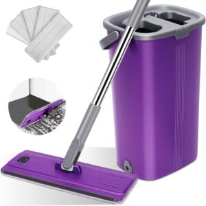 Myiosus Wischmopp Set mit Eimer, Putzeimer mit Wischmop, 360° Wischer mit Edelstahlgriff, Wischmopp mit Auswringfunktion mit 5 Mikrofaser Wischpads, Bodenwischer für Hartholz Fliesen Marmor Laminat