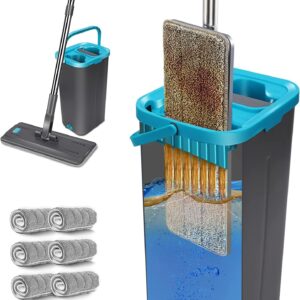 Midyb Wischmopp Set mit Eimer, Flachmopp Set mit Eimer, Wischer mit Auswringfunktion und 144cm Verstellbarer Edelstahl Griff & 6 Mikrofaser Mop Pads für Hartholz, Laminat, Fliesen Reinigung