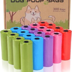 AiTodos® 300 Stück Hundekotbeutel, 5 Farben, Hundetüten Kotbeutel, Kotbeutel für Hunde – 30 * 21,5 cm, Polyethylen-Material, Tragbar – Lila, Blau, Grün, Rot, Rosa (20 Rollen, 15 pro Rolle)