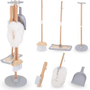 Mamabrum – Holz Reinigungssatz,Holzaufbewahrungsständer, Schaufel, Besen, Mopp mit Softauflage, Staubwedel, Kinder reinigungsset Holz kinderbesen Set