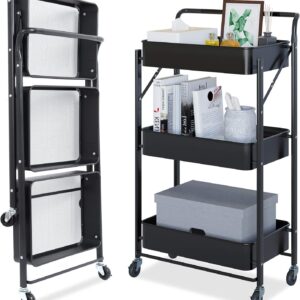 Dripex Rollwagen Küchen, Regal mit Rollen, Faltbarer Küchenwagen aus Metall, Küchenregal mit 3 Ebenen, Allzweckwagen Keine Installation erforderlich, Schwarz