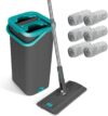 Masthome Wischmopp Set mit Eimer,2 In 1 Putzeimer mit Wischmop,Flacher Bodenwischer mit 6 Mikrofaser-Wischpads Hand-Frei Mopp Set und Eimer für Hartholz, Fliesen, Laminat, Marmor, Bodenreinigung