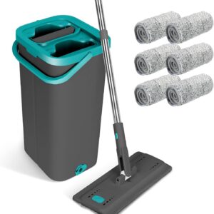 Masthome Wischmopp Set mit Eimer,2 In 1 Putzeimer mit Wischmop,Flacher Bodenwischer mit 6 Mikrofaser-Wischpads Hand-Frei Mopp Set und Eimer für Hartholz, Fliesen, Laminat, Marmor, Bodenreinigung