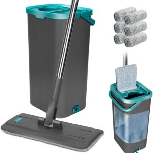Masthome Wischmopp Set mit Eimer, Putzeimer mit Wischmop mit 6 Wischpads,Bodenwischer mit Auswringfunktion,Flachmopp und Putzeimer Set für Bodenreinigung Hartholz, Fliesen, Laminat – Grau+Blau