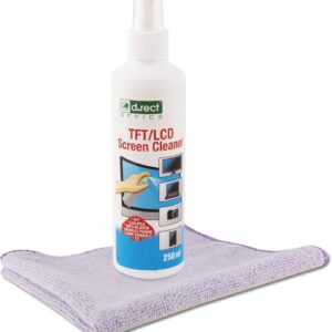 D.RECT Bildschirm-Reinigungsspray Displayreiniger für LED, QLED, UHD TV, Display, Tablet, Smartphone, Computer und Monitor 250ml, Mikrofasertuch