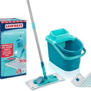 Leifheit Set POWER CLEAN, Wischer für Alle, rückenschonender Bodenwischer mit Reinigungsklingen, Wischtuchpresse, Wischmopp Set mit Eimer und 2x Mikrofaser Wischbezüge für alle Hartböden, Click-System